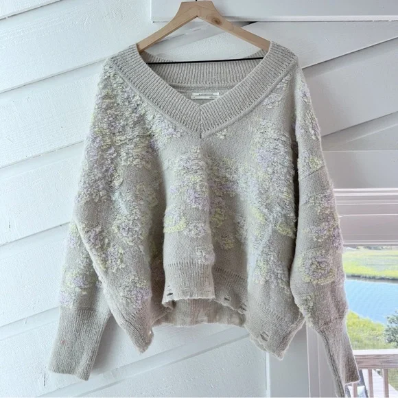 Anthropologie Textured V-neck Sweater Light Gray - Picture 1 of 6